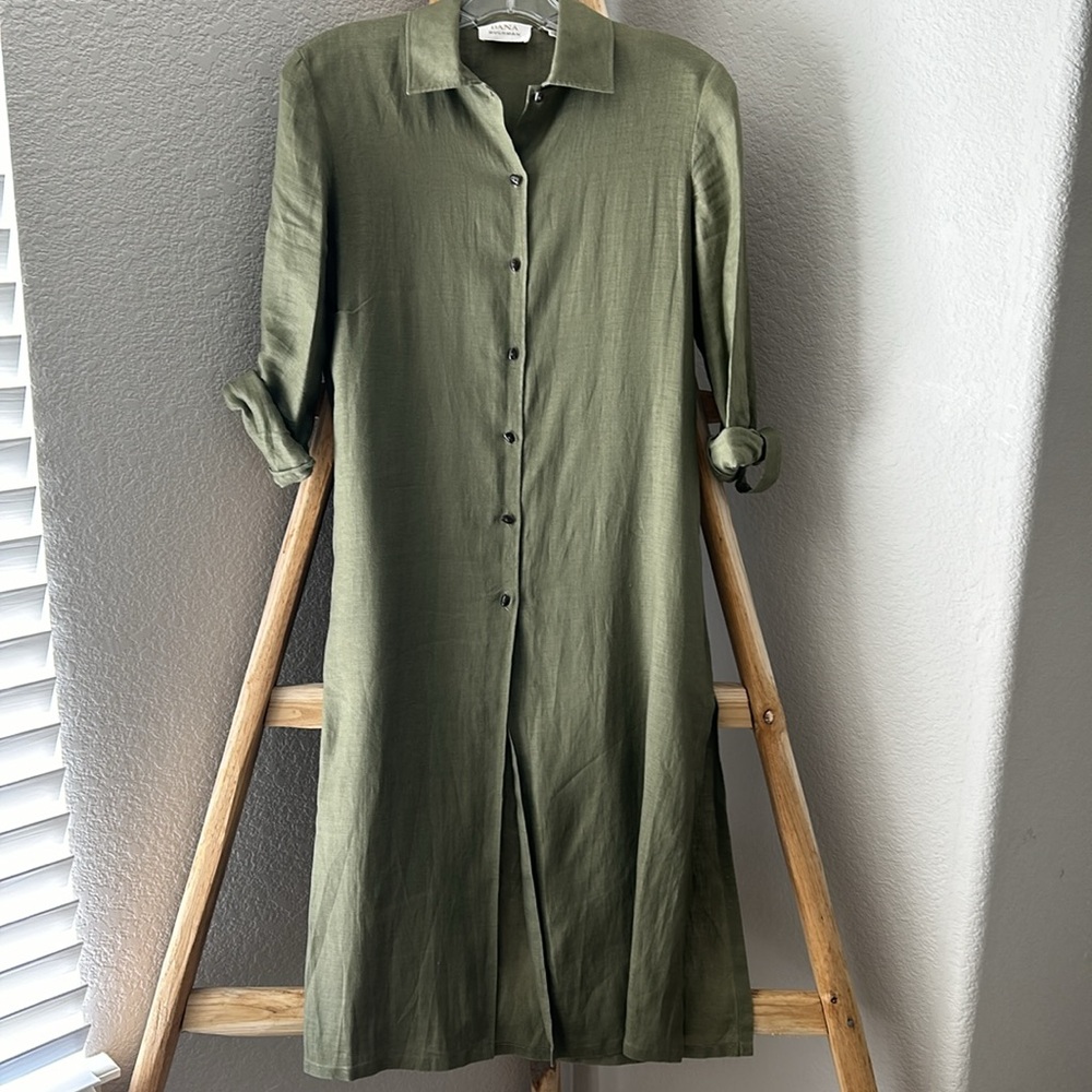 Dana Buchman Olive Green Linen Midi Shirt Dress Roll Tab Sleeve - Picture 4 of 7